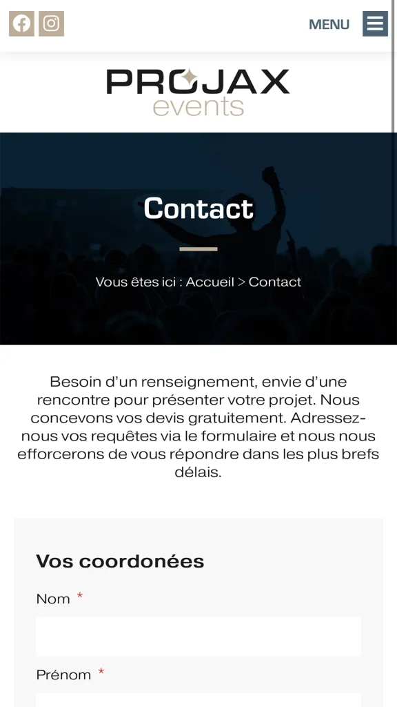 Aperçu de la création du site internet mobile de Projax Events réalisé par Cercledesign à La Bresse dans les Vosges (88)