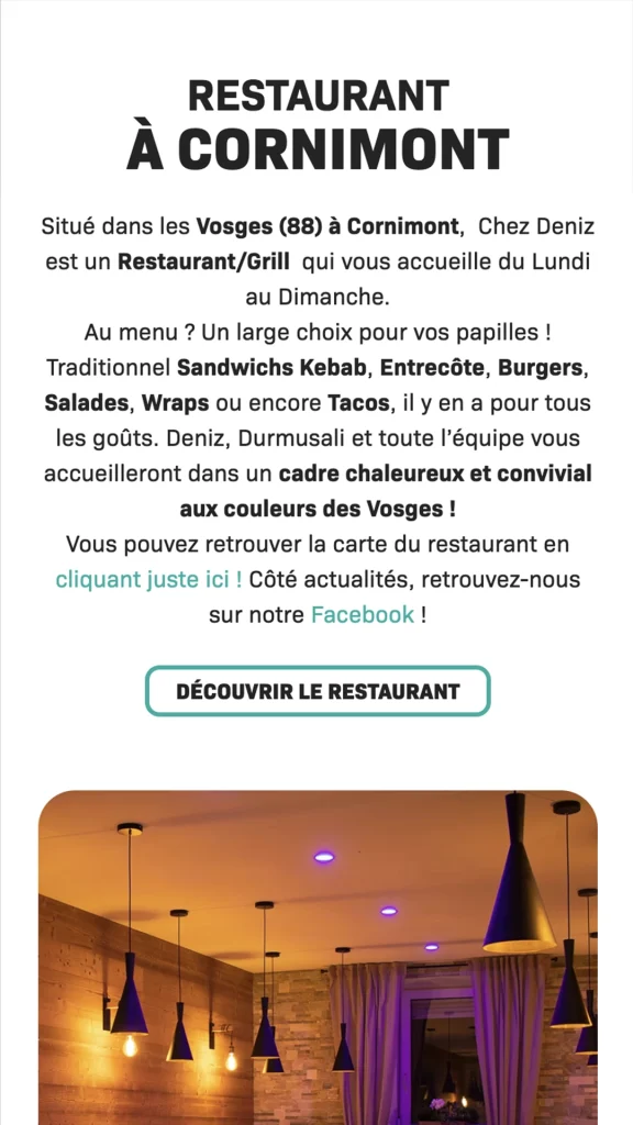 Aperçu de la création du site internet du restaurant Chez Deniz à Cornimont réalisé par Cercledesign dans les Vosges (88)