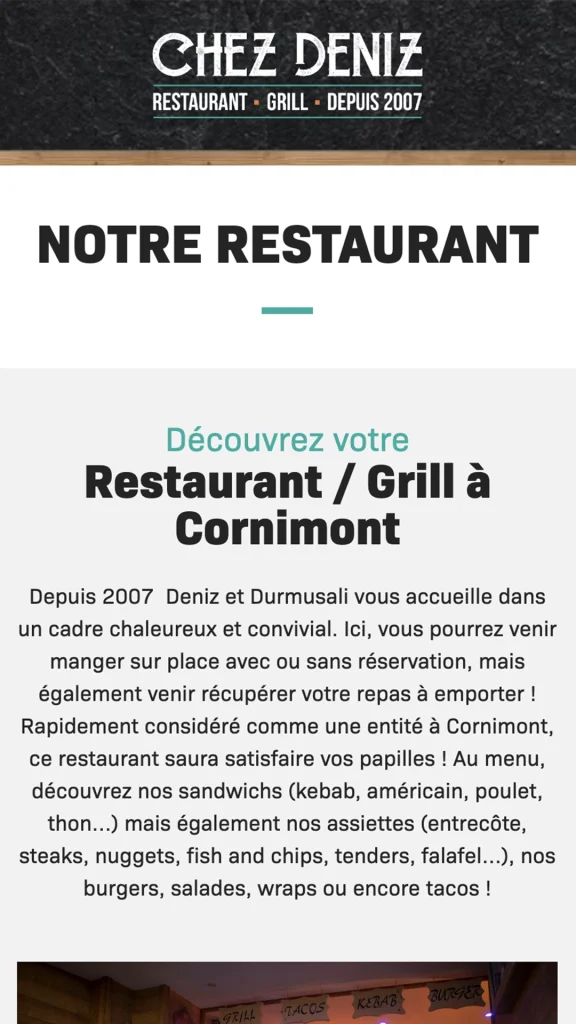Aperçu de la création du site internet du restaurant Chez Deniz à Cornimont réalisé par Cercledesign dans les Vosges (88)