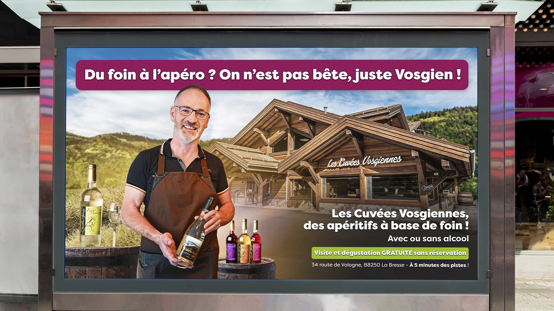 Aperçu de la création d'une campagne publicitaire pour la boutique Les Cuvées Vosgiennes à La Bresse et Gérardmer, réalisée par Cercledesign, agence de communication dans les Vosges (88).