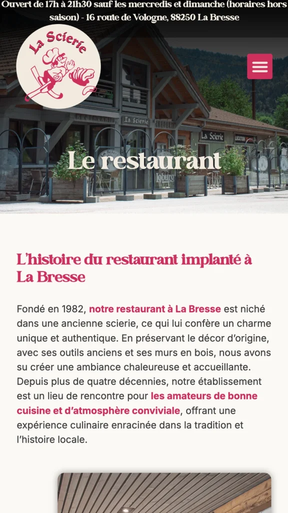 Aperçu de la création du site internet du restaurant La Scierie à La Bresse réalisé par Cercledesign, agence de communication dans les Vosges (88)