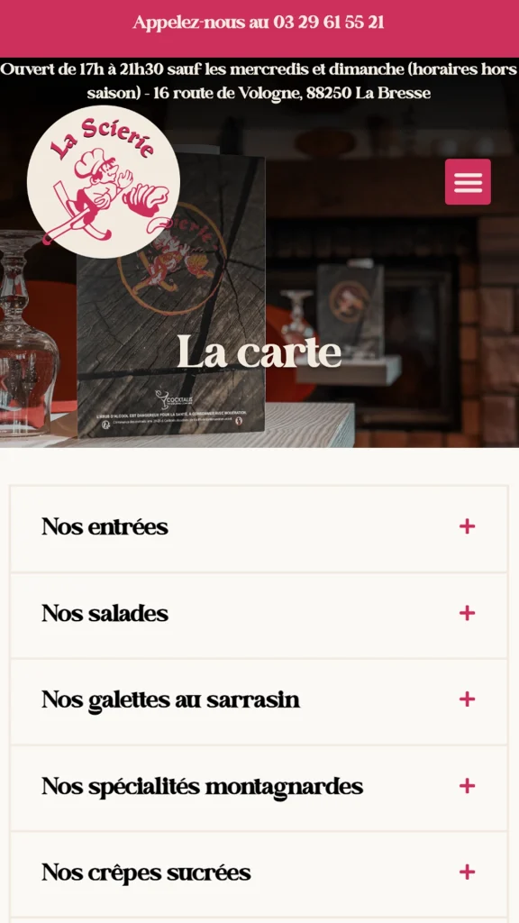 Aperçu de la création du site internet du restaurant La Scierie à La Bresse réalisé par Cercledesign, agence de communication dans les Vosges (88)