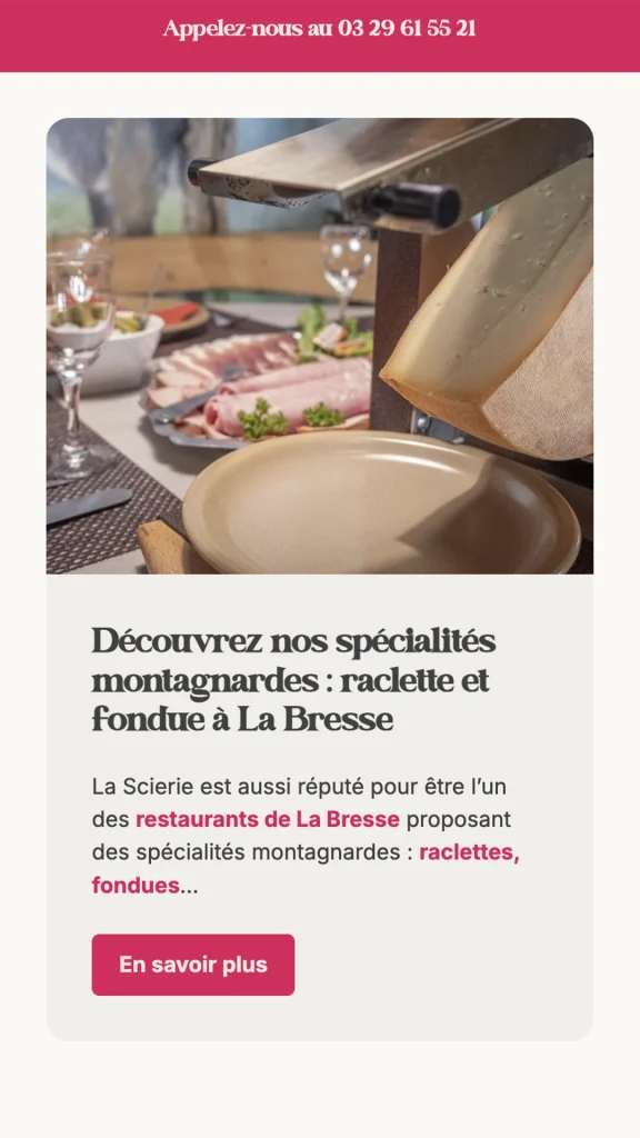 Aperçu de la création du site internet du restaurant La Scierie à La Bresse réalisé par Cercledesign, agence de communication dans les Vosges (88)