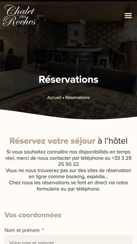 Aperçu de la création du site internet de l'hôtel restaurant Le Chalet des Roches à La Bresse réalisé par Cercledesign, agence de communication dans les Vosges (88)