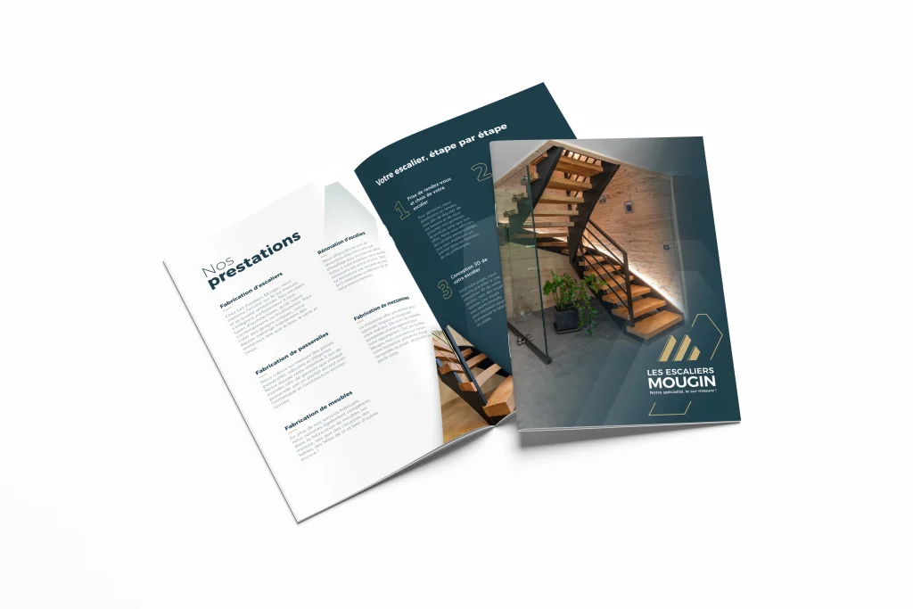Création du catalogue de l'entreprise Les Escaliers Mougin à La Bresse, réalisée par Cercledesign, graphiste dans les Vosges (88)
