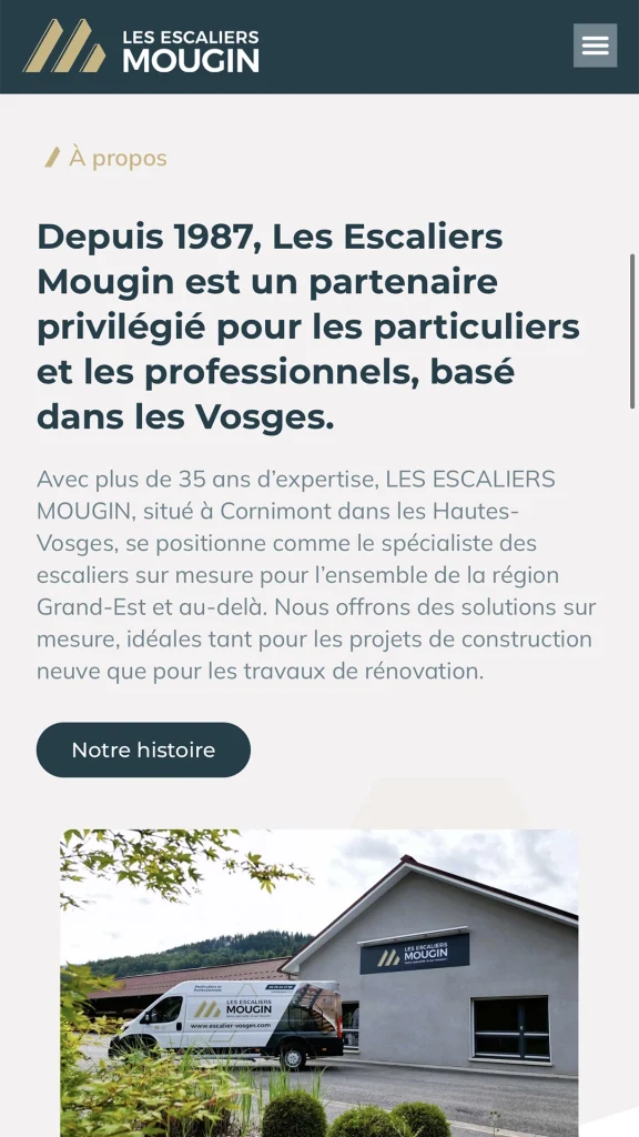 Aperçu de la création du site internet de l'entreprise Les Escaliers Mougin à Cornimont réalisé par Cercledesign, agence de communication dans les Vosges (88)