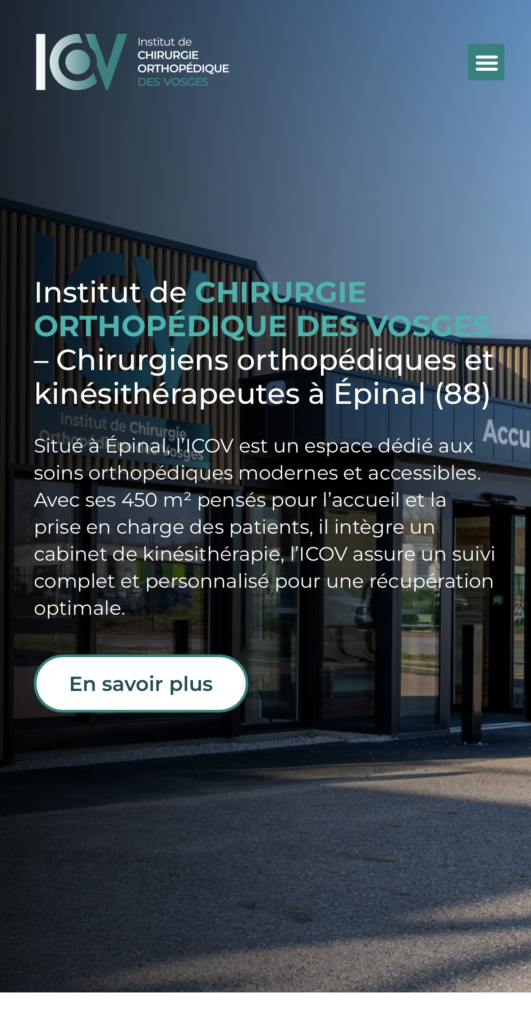 Capture d'écran mobile de la page d'accueil du site de l'ICOV, affichant la présentation de l'institut et une photo de sa façade.