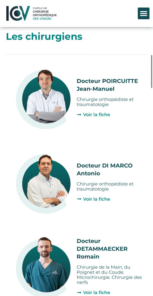 Aperçu mobile de la section "Les chirurgiens" du site de l'ICOV, présentant les profils de trois chirurgiens avec leurs photos et spécialités.