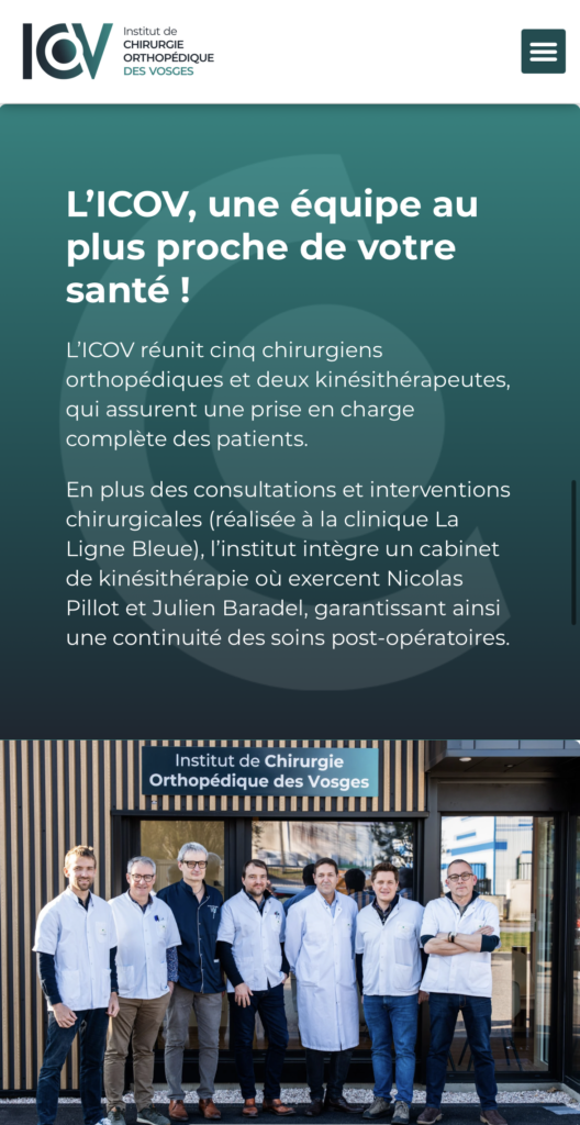 Capture d'écran mobile du site de l'ICOV présentant le texte sur l'équipe médicale et une photo des chirurgiens et kinésithérapeutes.