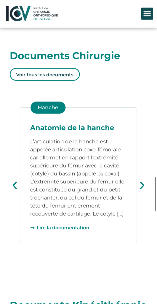 Capture d'écran sur mobile du site de l'ICOV montrant la section "Documents Chirurgie" avec un extrait sur l'anatomie de la hanche.