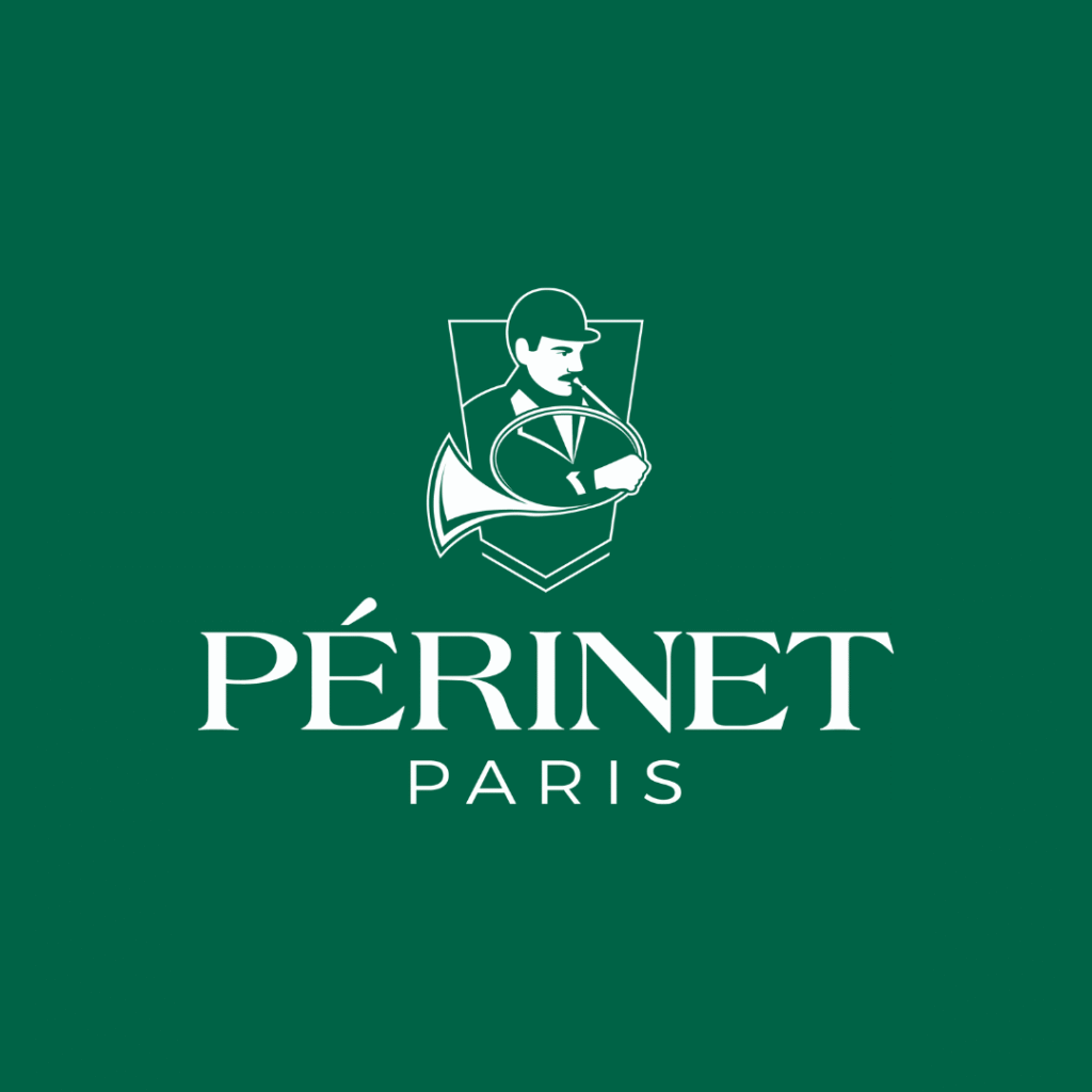 Logo Périnet Paris : icône stylisée d'un sonneur de cor de chasse blanc au-dessus du mot "PÉRINET" et "PARIS" en lettres capitales blanches sur un fond vert foncé