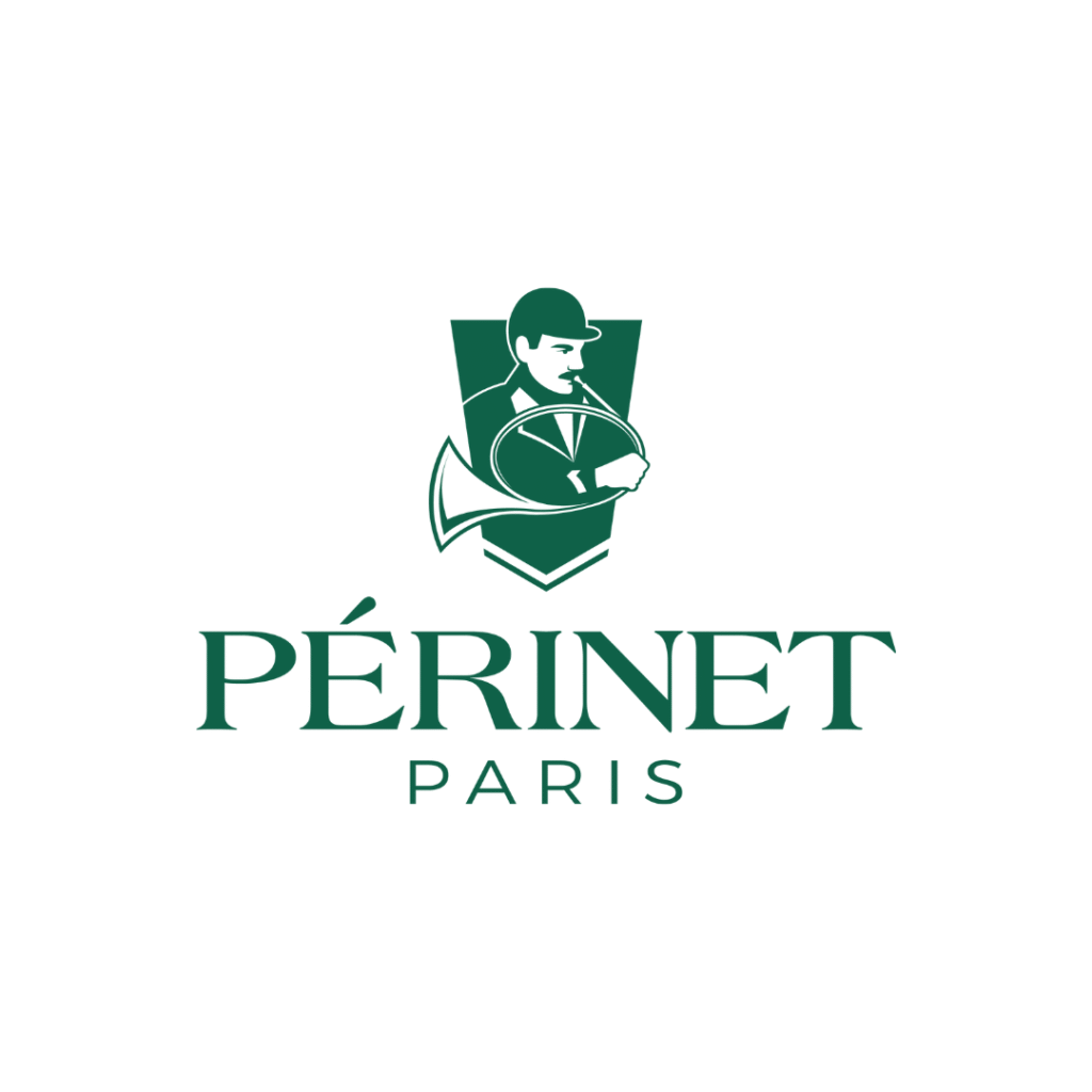 Logo Périnet : icône stylisée d'un sonneur de cor de chasse vert foncé au-dessus du mot "PÉRINET" en lettres capitales vertes foncées sur fond blanc.