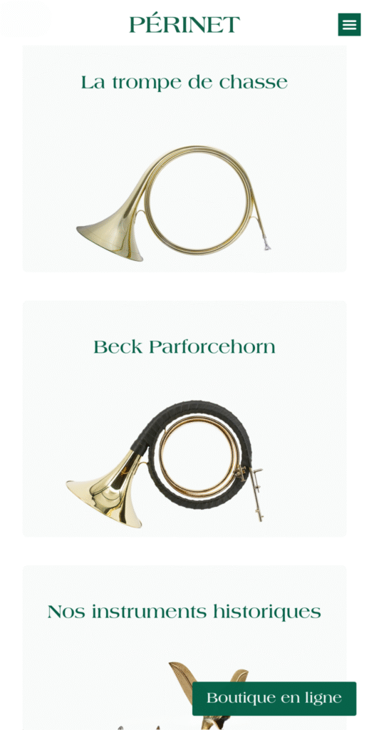 Capture d'écran mobile de la page de présentation des produits du site perinet.fr. Elle présente des sections pour "La trompe de chasse" (avec une photo d'une trompe dorée), "Beck Parforcehorn" (avec une photo d'un cor noir et doré) et "Nos instruments historiques".